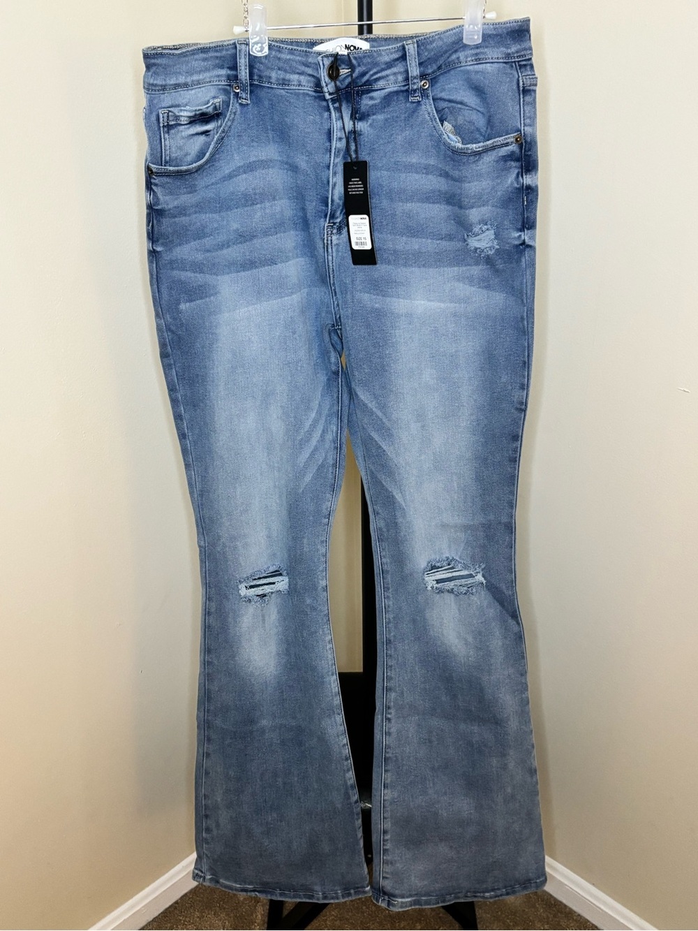 Fashion Nova Light Blue High-Rise Flare Jeans with Knee Rips - Picture 2 of 5